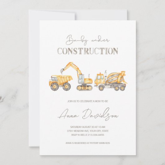 Baby unter Bau Kinderdusche Einladung (Vorderseite)