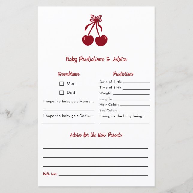 Baby Vorhersagen Geschenk Cherry Bow Babyparty (Vorderseite)