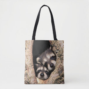 Baby-Waschbären spähen aus einem Baum heraus Tasche