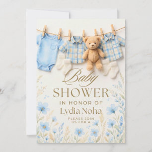 Baby Wäscheleine Babyparty-Einladung   Blau Eins Karte