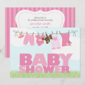 Baby-Wäscheleine-Mädchen-Babyparty Einladung (Vorne/Hinten)