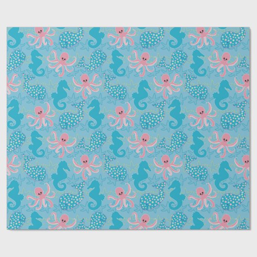 Baby Whale, Octopus & Seepferd auf Aqua Geschenkpapier (Flach)