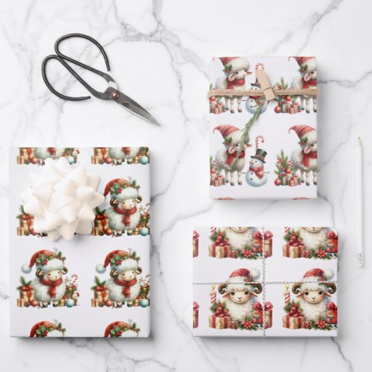 Baby White Lambs Weihnachtskids Geschenkpapier Set (Vorderseite)
