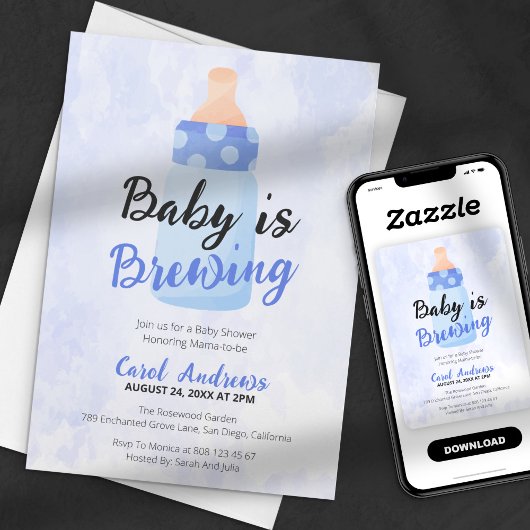 Baby wird Blue Bottle Watercolor Baby Shower Einladung