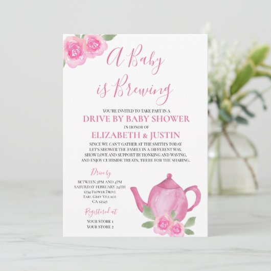 Baby wird Pink Teekanne mit Babydusche zubereiten Einladung (Stehend Vorderseite)