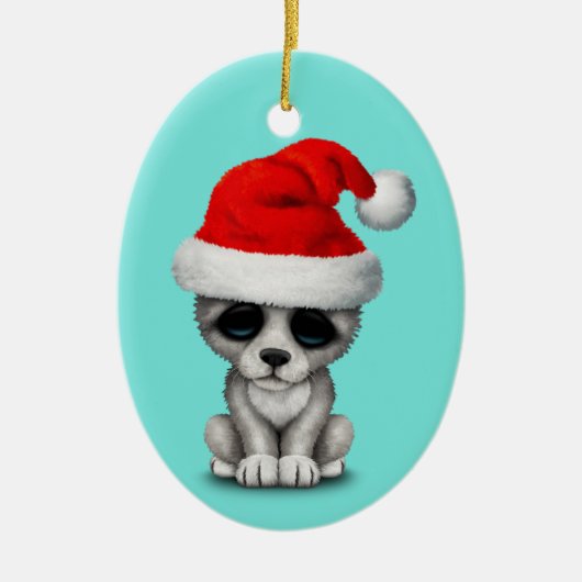 Baby-Wolf CUB, das eine Weihnachtsmannmütze trägt Keramik Ornament (Vorne)