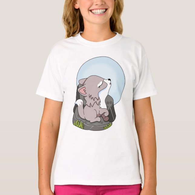 Baby Wolf heult auf dem Mond T-Shirt (Vorderseite)