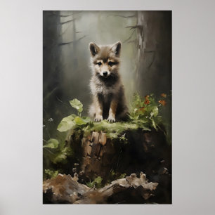 Baby Wolf Wald Druck, Botanischer Wald Poster