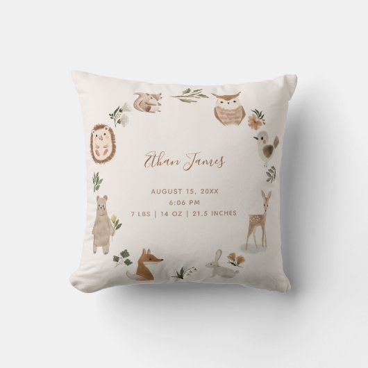 Baby Woodland Tiere Geburtsstaten Keepake Kissen (Vorderseite)