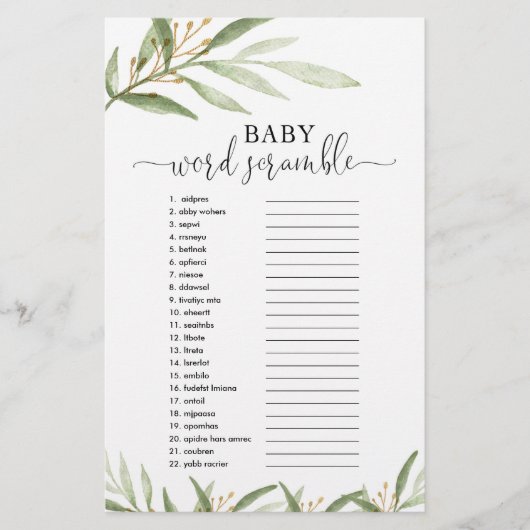 Baby word Rührei Baby Dusche Spiel Gold Grün (Vorderseite)