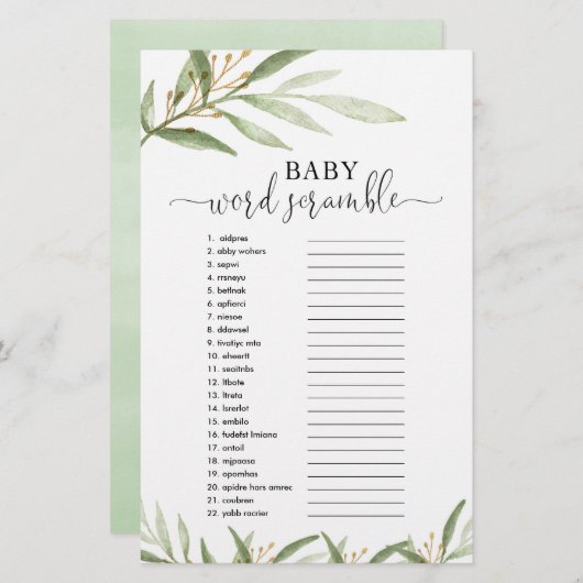 Baby word Rührei Baby Dusche Spiel Gold Grün (Vorne/Hinten)