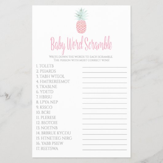 Baby Word Scramble Ananas Baby Shower Game Flyer (Vorne)