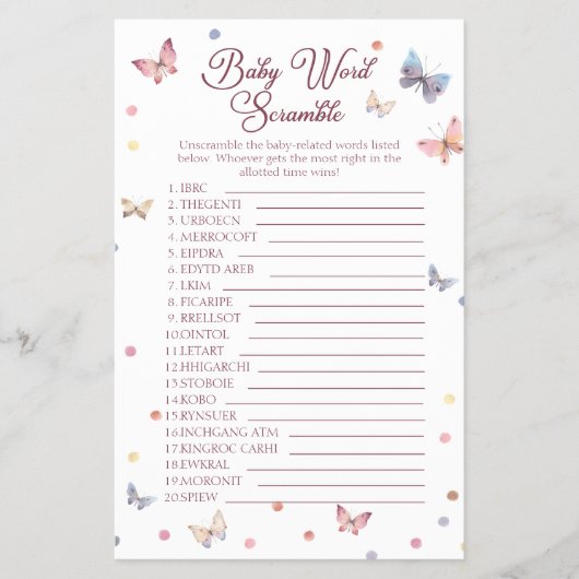 Baby Word Scramble Aquarell Butterfly Dusche Flyer (Vorne)