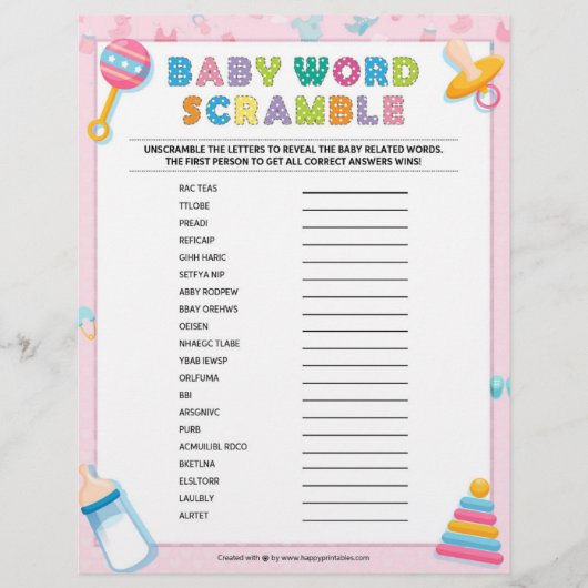 Baby Word Scramble [Baby Basics Pink] Briefbogen (Vorderseite)
