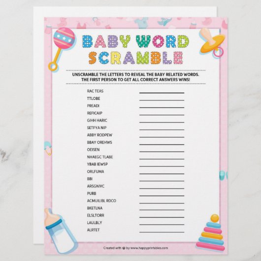 Baby Word Scramble [Baby Basics Pink] Briefbogen (Vorne/Hinten)