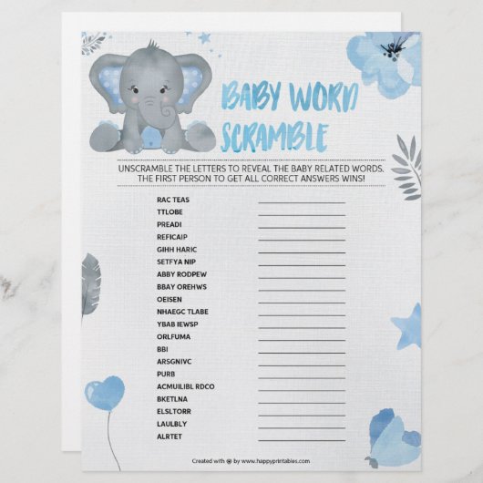 Baby Word Scramble [Baby Elephant [blau] Briefbogen (Vorne/Hinten)