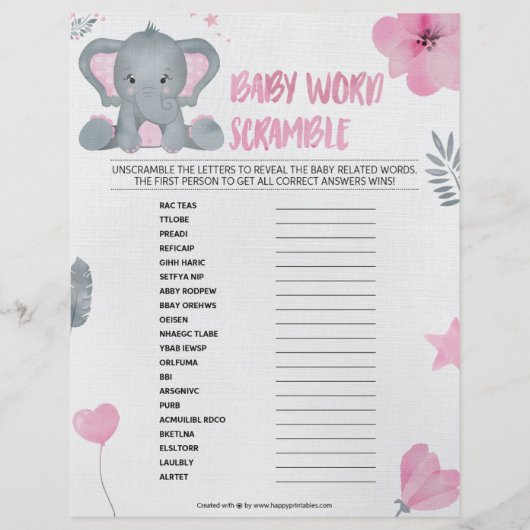 Baby Word Scramble [Baby Elephant [Pink] Briefbogen (Vorderseite)