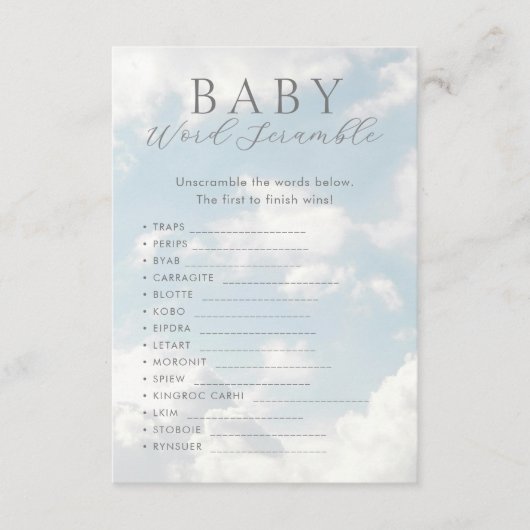 Baby Word Scramble Baby Showspiele Begleitkarte (Vorderseite)