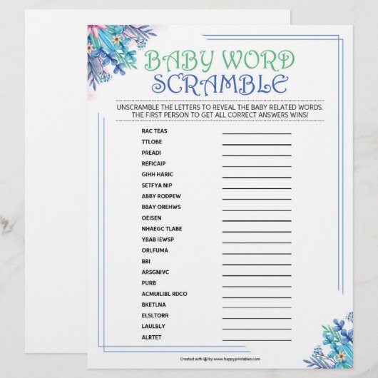 Baby Word Scramble [Blue Floral] Briefbogen (Vorne/Hinten)