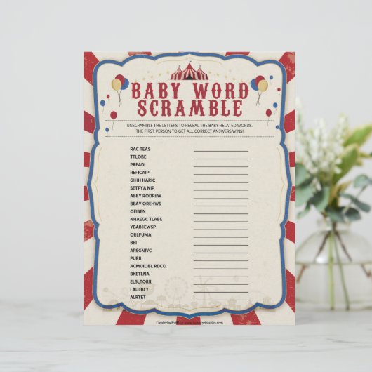 Baby Word Scramble [Circus Theme] Briefbogen (Stehend Vorderseite)