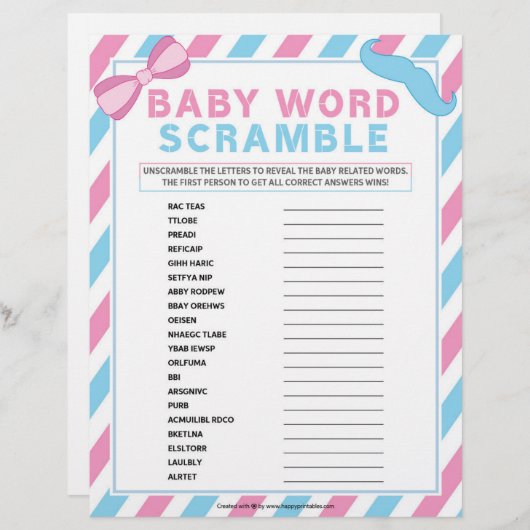 Baby Word Scramble [Gender Überraschung] Briefbogen (Vorne/Hinten)