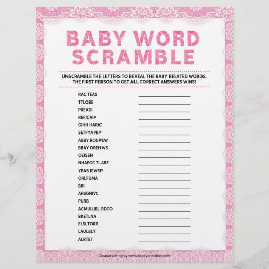 Baby Word Scramble [Luxury Lace [Pink] Briefbogen (Vorderseite)