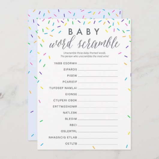 Baby Word Scramble Shower Game Card - Sprinklen Programm (Vorne/Hinten)