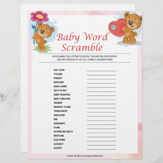 Baby Word Scramble [Teddy Bears] Briefbogen (Vorne/Hinten)