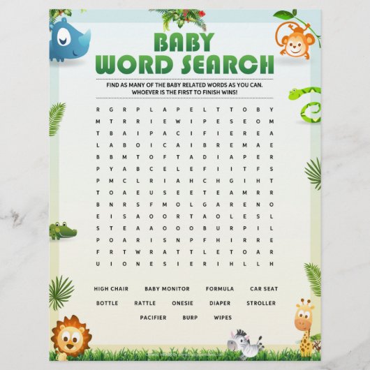 Baby Word Search Baby Shower Game [Tierthema] Briefbogen (Vorderseite)