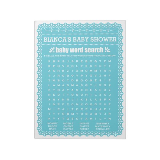 Baby Word Search Blue Papel Picado Kinderdusche Notizblock (Rotiert)