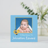 Baby Yellow Chick Blue Foto Babydusche Einladung (Stehend Vorderseite)