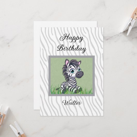 Baby Zebra birthday card for child Karte (Vorderseite/Rückseite Beispiel)