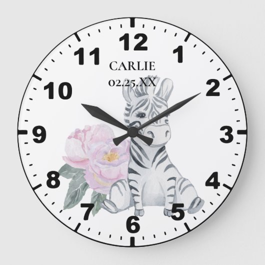 Baby Zebra Pink Blume Baby Girl Große Wanduhr (Vorderseite)