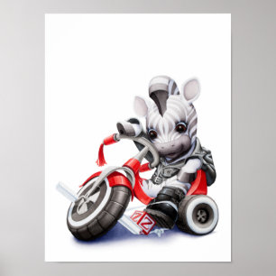 Baby Zebra Riding Red Tricycle Nursery Print Poster