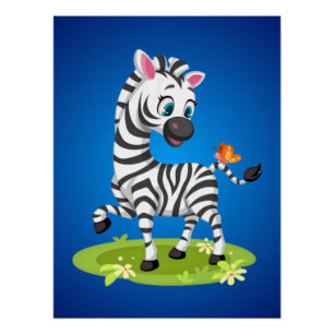 Baby-Zebra-Zeichnung spielt mit Schmetterling Poster