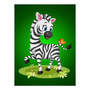 Baby-Zebra-Zeichnung spielt mit Schmetterling Poster