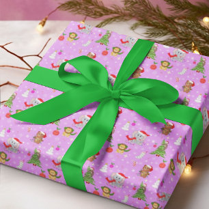 Baby-Zoo-Tiere feiern Weihnachten Pink  Geschenkpapier