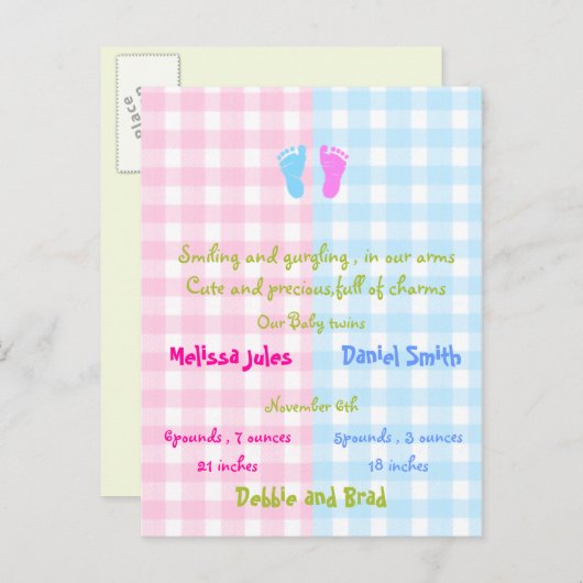 Babyankündigungskarte - Zwillinge Ankündigungspostkarte (Vorne/Hinten)
