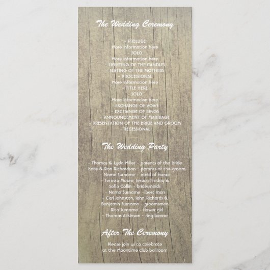 Babyatembrille Glas rustikales Hochzeitsprogramm Programm (Rückseite)