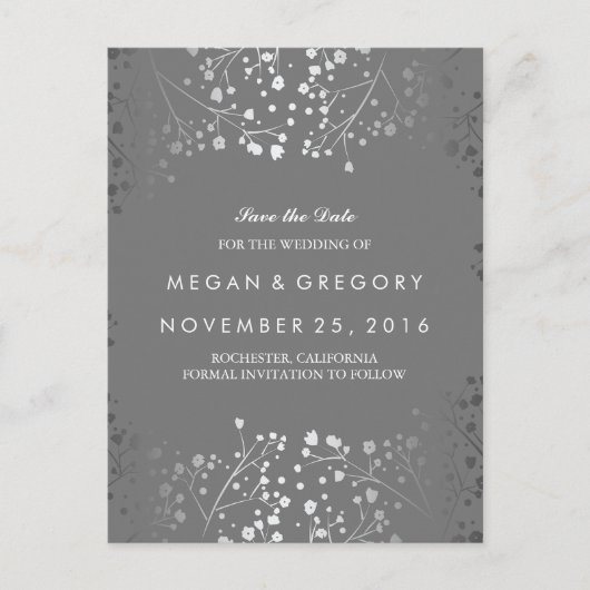 Babyatme Silber und Grau Save the Date Ankündigungspostkarte (Vorderseite)