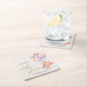 Babybär, Niedlicher Bär, Lila Balloons, Babydusche Rechteckiger Pappuntersetzer