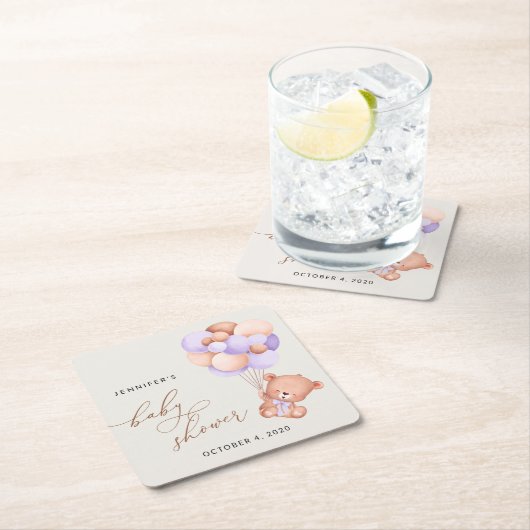 Babybär, Niedlicher Bär, Lila Balloons, Babydusche Rechteckiger Pappuntersetzer (Vor Ort)