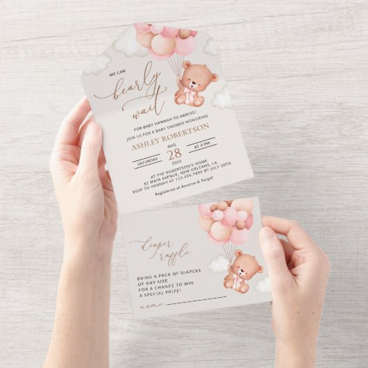 Babybär, Teddybär, rosa Balloons, Babydusche All In One Einladung (Abreißen)