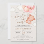 Babybär, Teddybär, rosa Balloons, Babydusche Einladung (Vorderseite)