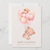 Babybär, Teddybär, rosa Balloons, Babydusche Einladung (Rückseite)