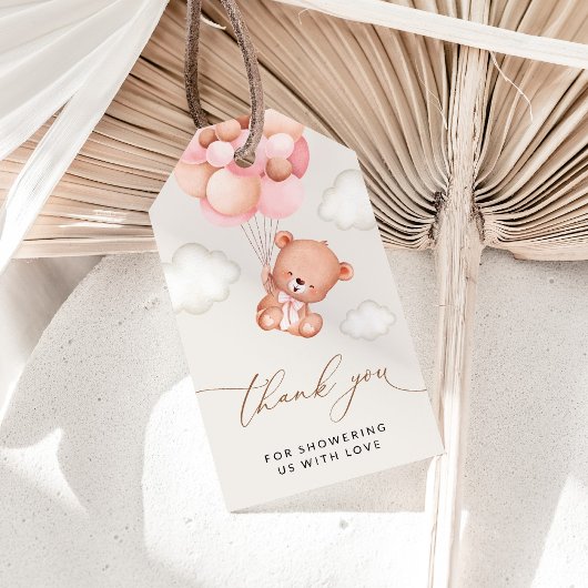 Babybär, Teddybär, rosa Balloons, Babydusche Geschenkanhänger