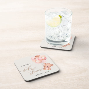 Babybär, Teddybär, rosa Balloons, Babydusche Getränkeuntersetzer