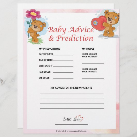 Babyberatung und Vorhersage [Teddy Bears] Briefbogen (Vorne/Hinten)