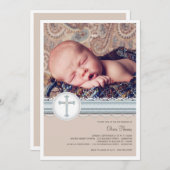 Babyblau| Beige Foto Einladung (Vorne/Hinten)