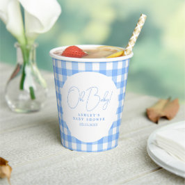 Babyblau-Gingham-personalisierte Babydusche Pappbecher